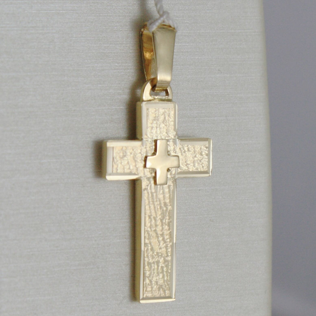 18K YELLOW GOLD CROSS FINELY WORKED DOUBLE, SQUARED, SMOOTH, MADE IN ITALY.