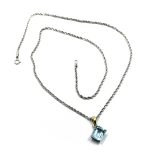 Load image into Gallery viewer, 18k white yellow gold square blue topaz emerald cut pendant rope chain necklace.
