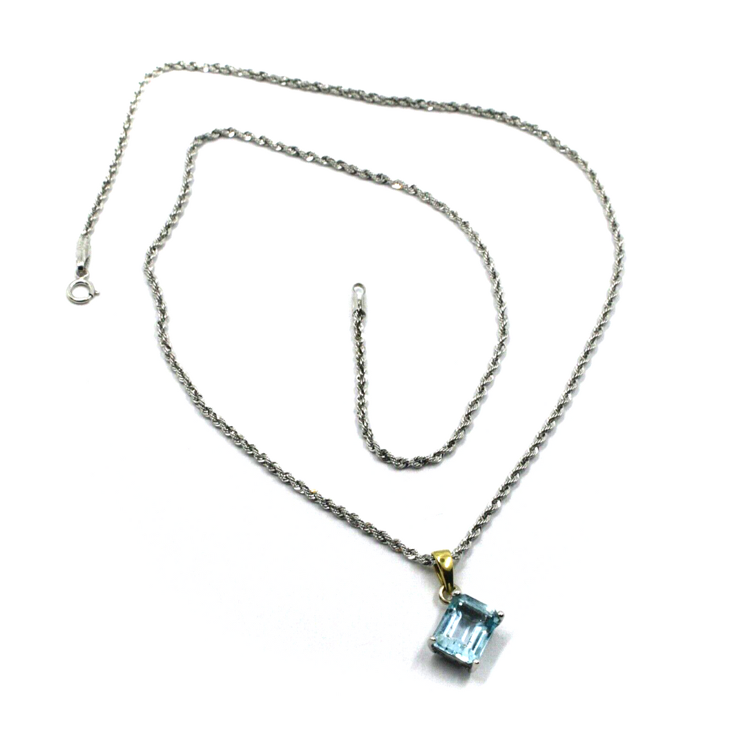 18k white yellow gold square blue topaz emerald cut pendant rope chain necklace.