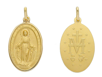 solid 18k yellow gold Miraculous medal pendant, Virgin Mary, Madonna, 16x22mm.