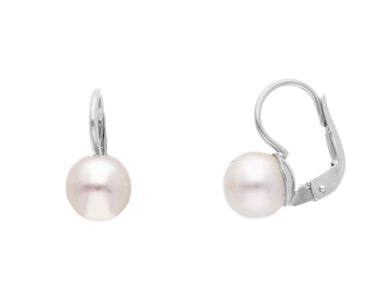 18k white gold pendant leverback earrings with 7.5/8mm freshwater white pearls.