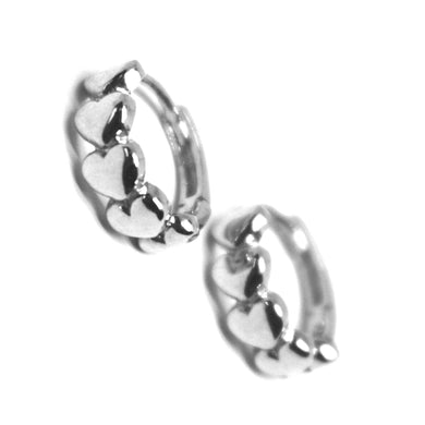 18k white gold round small circle hoop hearts row earrings diameter 12mm x 4mm.