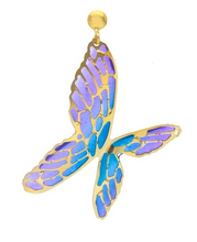 Load image into Gallery viewer, 18k yellow gold pendant 35mm earrings with enamel purple and blue butterfly.
