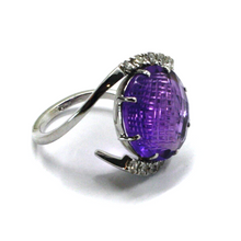 Load image into Gallery viewer, 18K WHITE GOLD DOUBLE WAVE RING BIG FLOWER ROUND 12ct AMETHYST &amp; DIAMONDS FRAME.

