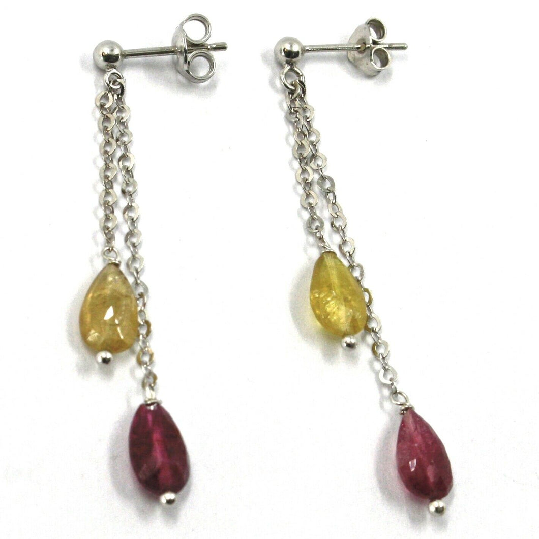 18k white gold pendant earrings, yellow and purple drop tourmaline, two wires.