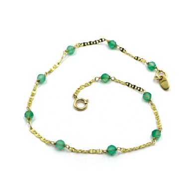 18k yellow gold flat oval link bracelet with faceted 3.5 mm green chalcedony.