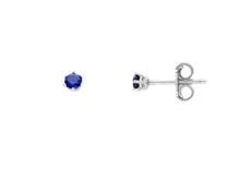 Load image into Gallery viewer, 18k white gold stud six prong earrings round recrystallized blue 3mm sapphire.
