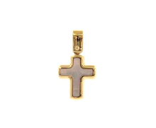 Load image into Gallery viewer, 18k yellow gold small 13mm rounded stylized cross with mother of pearl pendant.
