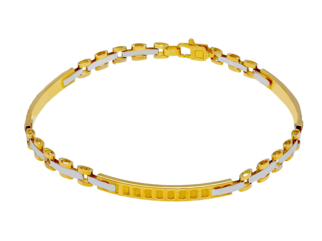 18K YELLOW WHITE GOLD MAN SEMI RIGID THIN BRACELET ALTERNATE 3mm SMOOTH PLATES.