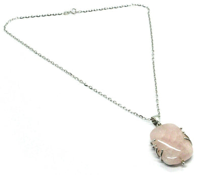 18k white gold necklace big square rose quartz pendant, oval rolo chain.