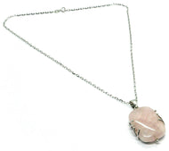18k white gold necklace big square rose quartz pendant, oval rolo chain.