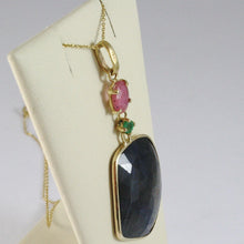 Load image into Gallery viewer, 9k yellow gold necklace and pendant, round blue and oval pink sapphire, peridot.
