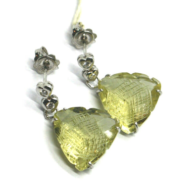 18k white gold pendant earrings, diamond heart, big lemon quartz drop 16 carats.