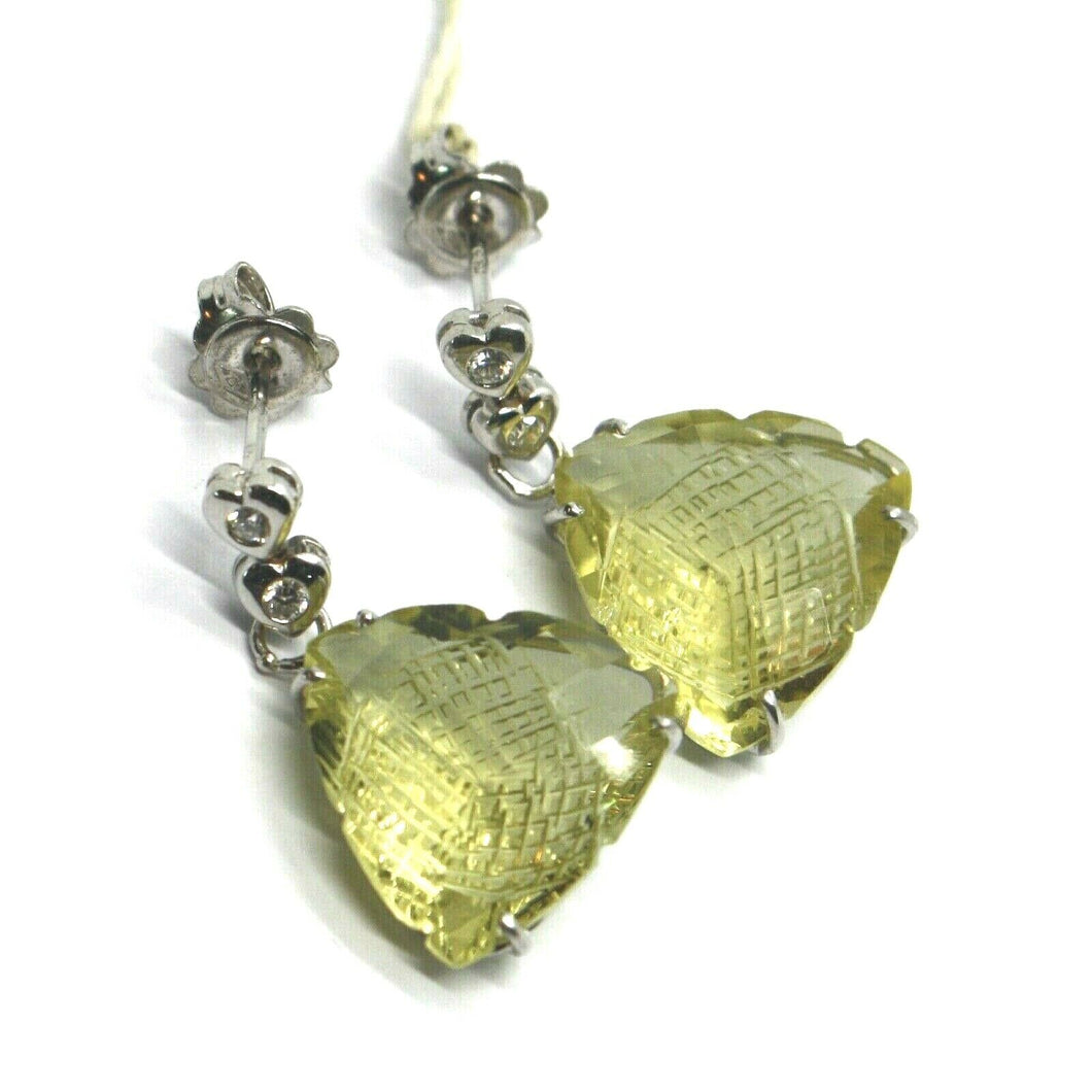 18k white gold pendant earrings, diamond heart, big lemon quartz drop 16 carats
