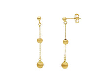 Load image into Gallery viewer, 18K YELLOW GOLD PENDANT EARRINGS, DOUBLE SATIN 4-5mm SPHERES, LENGTH 38mm.
