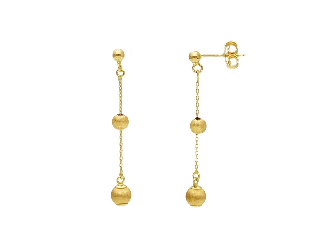 18K YELLOW GOLD PENDANT EARRINGS, DOUBLE SATIN 4-5mm SPHERES, LENGTH 38mm.