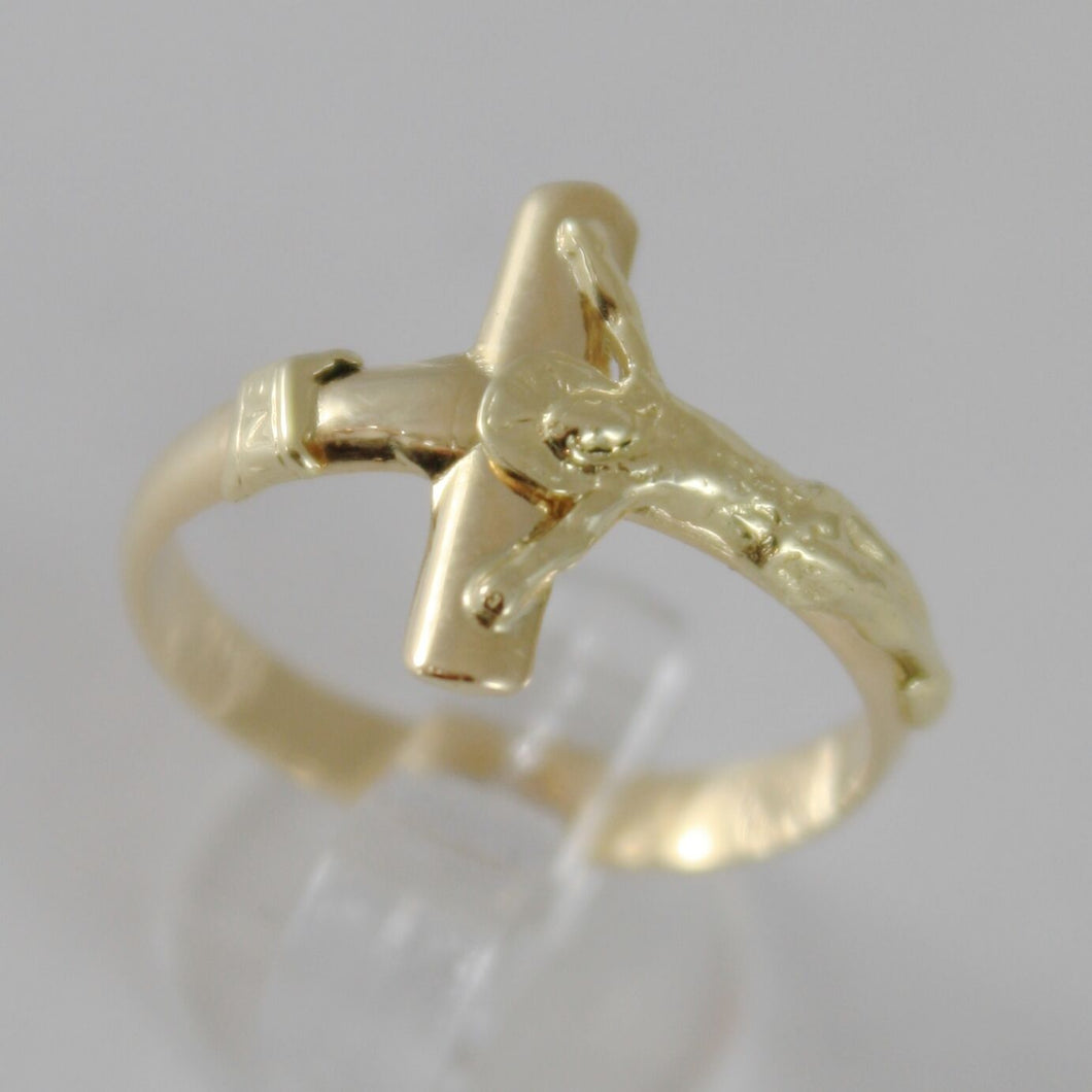 SOLID 18K YELLOW GOLD BAND RING WITH JESUS CROSS LUMINOUS SMOOTH, MADE IN ITALY