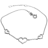18k white gold square rolo mini bracelet, 7.5 inches, 3 hearts, made in Italy.