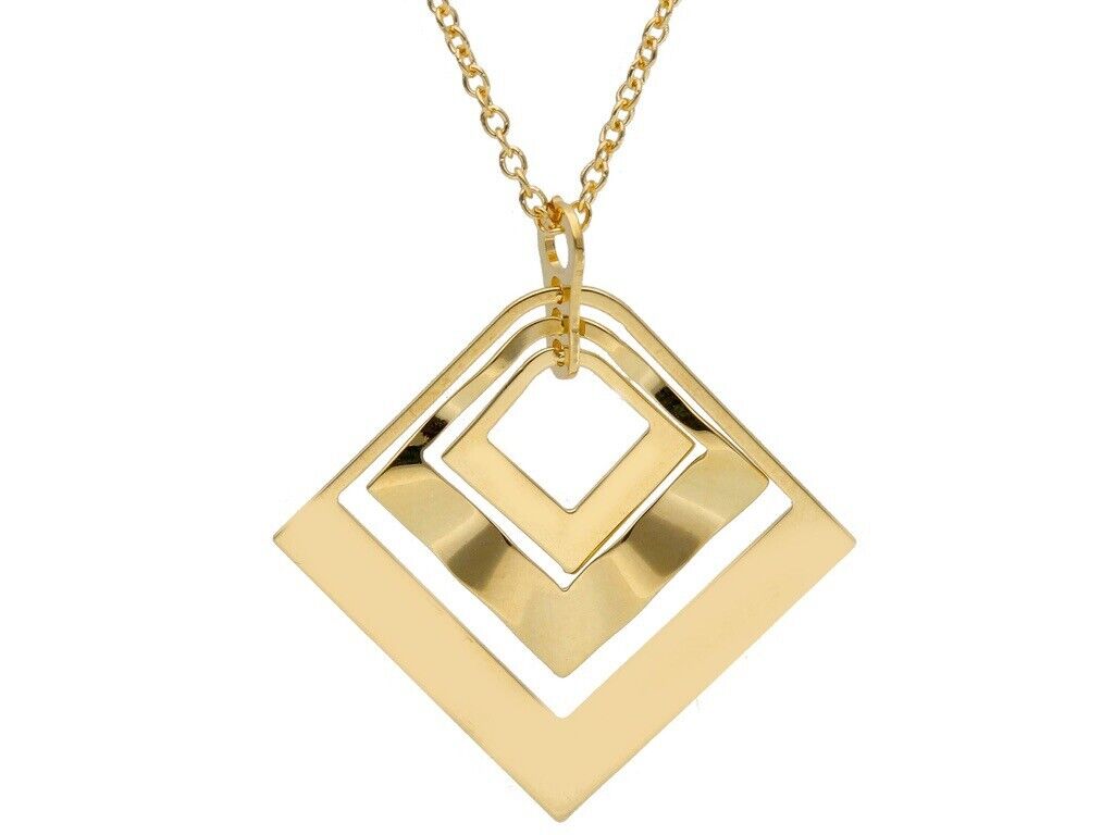 18K YELLOW GOLD NECKLACE, 25mm TRIPLE ONDULATE RHOMBUS PENDANT, ROLO CHAIN.