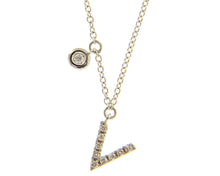 Load image into Gallery viewer, 18k white gold necklace, pendant mini initial letter V, 0.7 cm, 0.3&quot;, rolo chain.
