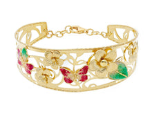 Load image into Gallery viewer, 18K YELLOW GOLD BANGLE BRACELET WITH FINELY WORKED ENAMEL FLOWER BUTTERFLY LEAF.
