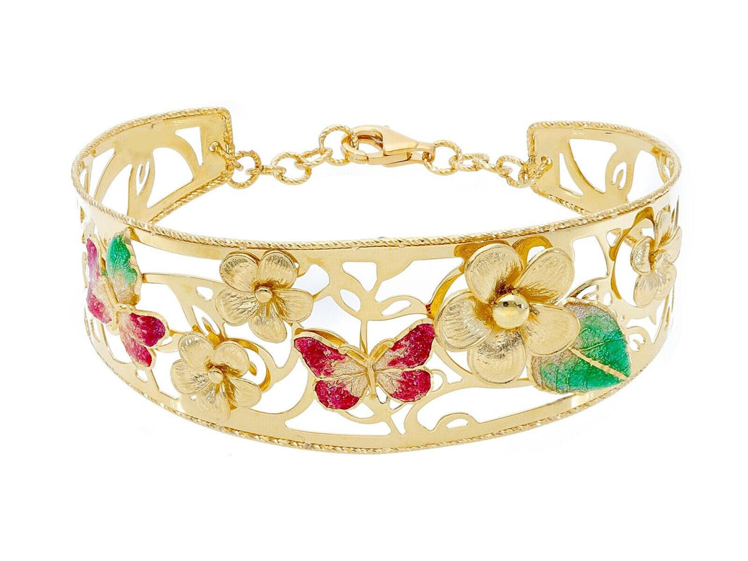 18K YELLOW GOLD BANGLE BRACELET WITH FINELY WORKED ENAMEL FLOWER BUTTERFLY LEAF.