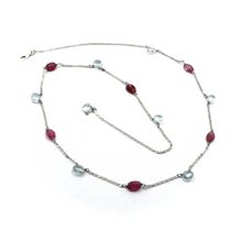 Load image into Gallery viewer, 18k white gold 19&quot; oval necklace faceted 6mm aquamarine drops purple tourmaline.
