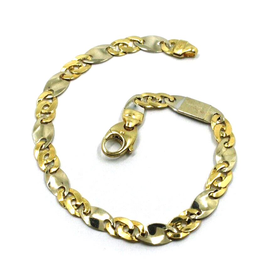 solid 18k yellow white gold bracelet big flat 6.5mm infinite oval ondulate links.