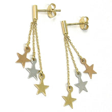 Load image into Gallery viewer, 18K YELLOW ROSE &amp; WHITE GOLD PENDANT EARRINGS THREE WIRES, FLAT STARS, 1.5&quot;.
