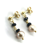 18k yellow gold pendant earrings faceted blue sapphire, purple pearls, 2.5cm, 1