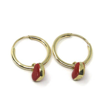 Load image into Gallery viewer, 18K YELLOW GOLD CIRCLE HOOPS 13 MM EARRINGS WITH RED ENAMEL MINI HEART PENDANT.
