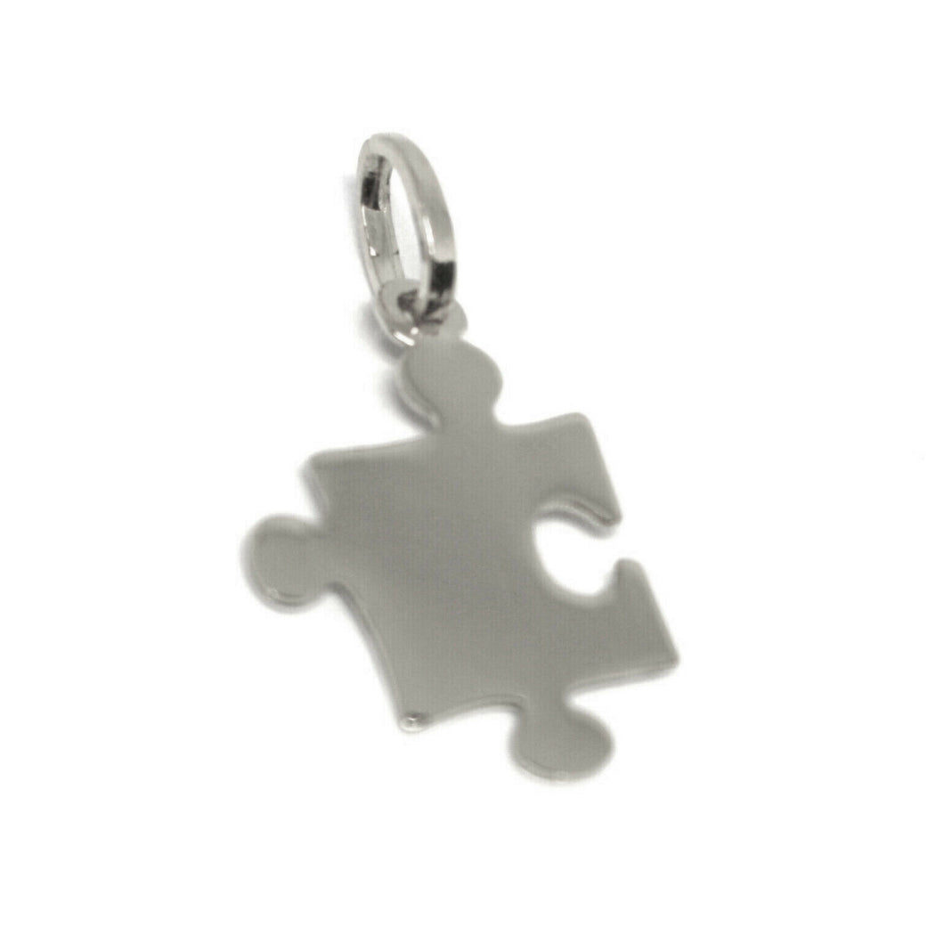 18k white gold charm pendant, mini small 14mm puzzle piece, flat, made in Italy