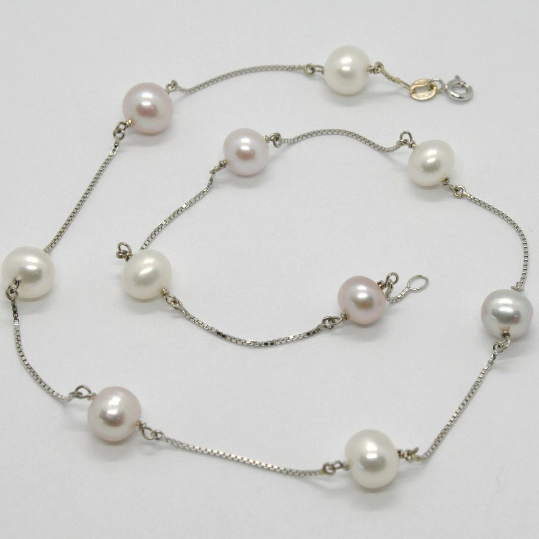 18k white gold necklace, venetian chain alternate purple & white pearls 8.5 mm.