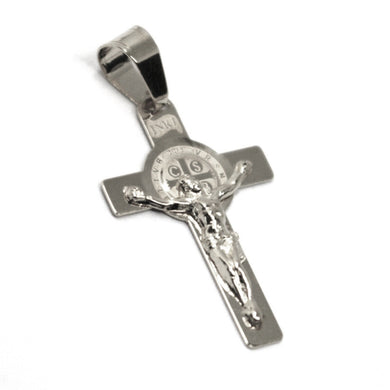 SOLID 18K WHITE GOLD FLAT CROSS WITH JESUS & SAINT BENEDICT MEDAL, 24 mm.