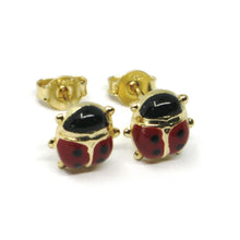 Load image into Gallery viewer, 18K YELLOW GOLD ROUNDED ENAMEL EARRINGS MINI LADYBUG LADYBIRD 8mm, MADE IN ITALY.
