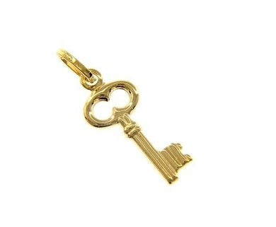 18K YELLOW GOLD FLAT KEY SMOOTH PENDANT CHARM, LUCKY, SECRET, LOVE MADE IN ITALY.