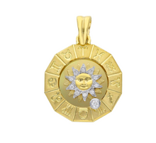 Load image into Gallery viewer, solid 18k yellow gold zodiac sign round 23mm diamond sun zodiacal medal pendant.
