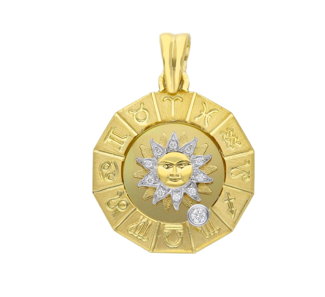 solid 18k yellow gold zodiac sign round 23mm diamond sun zodiacal medal pendant.