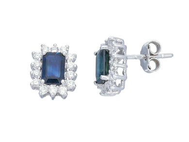 18k white gold flower earrings, diamonds 0.44 & emerald cut blue sapphires 1.40.