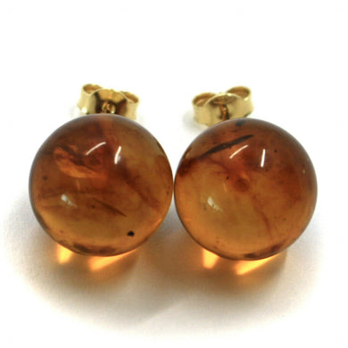 18k yellow gold lobe earrings orange big amber 15mm spheres butterfly closure.
