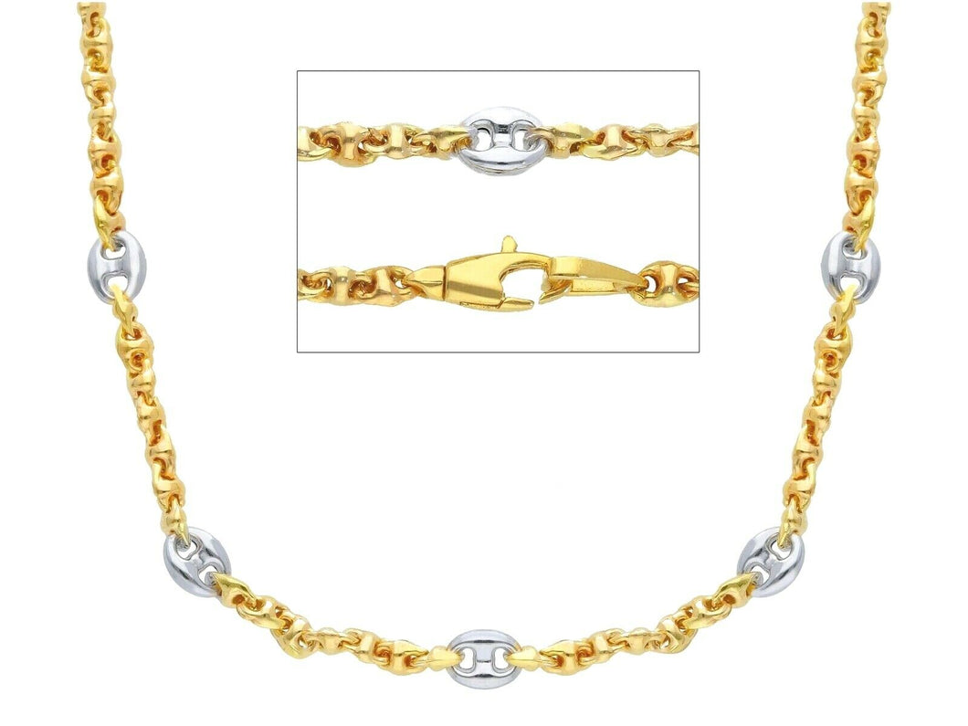 18K YELLOW WHITE GOLD ALTERNATE 4mm MARINER CHAIN, 24 INCHES ITALY MADE NECKLACE.