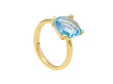 Load image into Gallery viewer, solid 18k yellow gold four prongs ring with big 10mm blue topaz, cushion cut.
