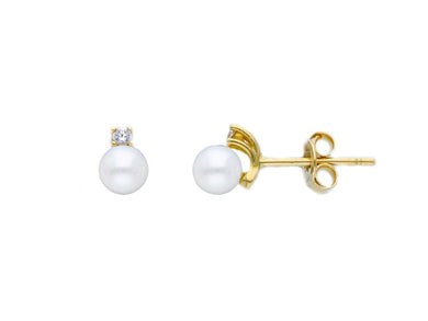 18k yellow gold earrings small 4.5/5mm freshwater white round pearls, zirconia.