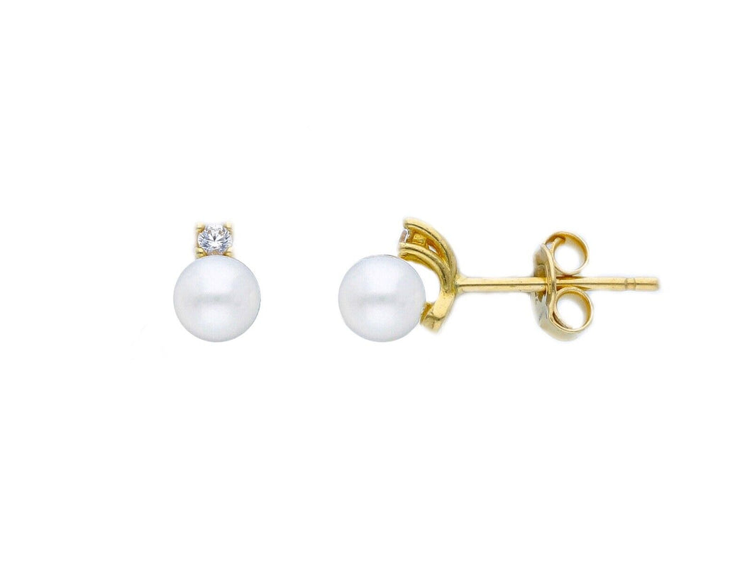 18k yellow gold earrings small 4.5/5mm freshwater white round pearls, zirconia.