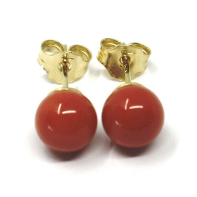 18k yellow gold balls spheres red coral button earrings, 7.5 mm, 0.3 inches.