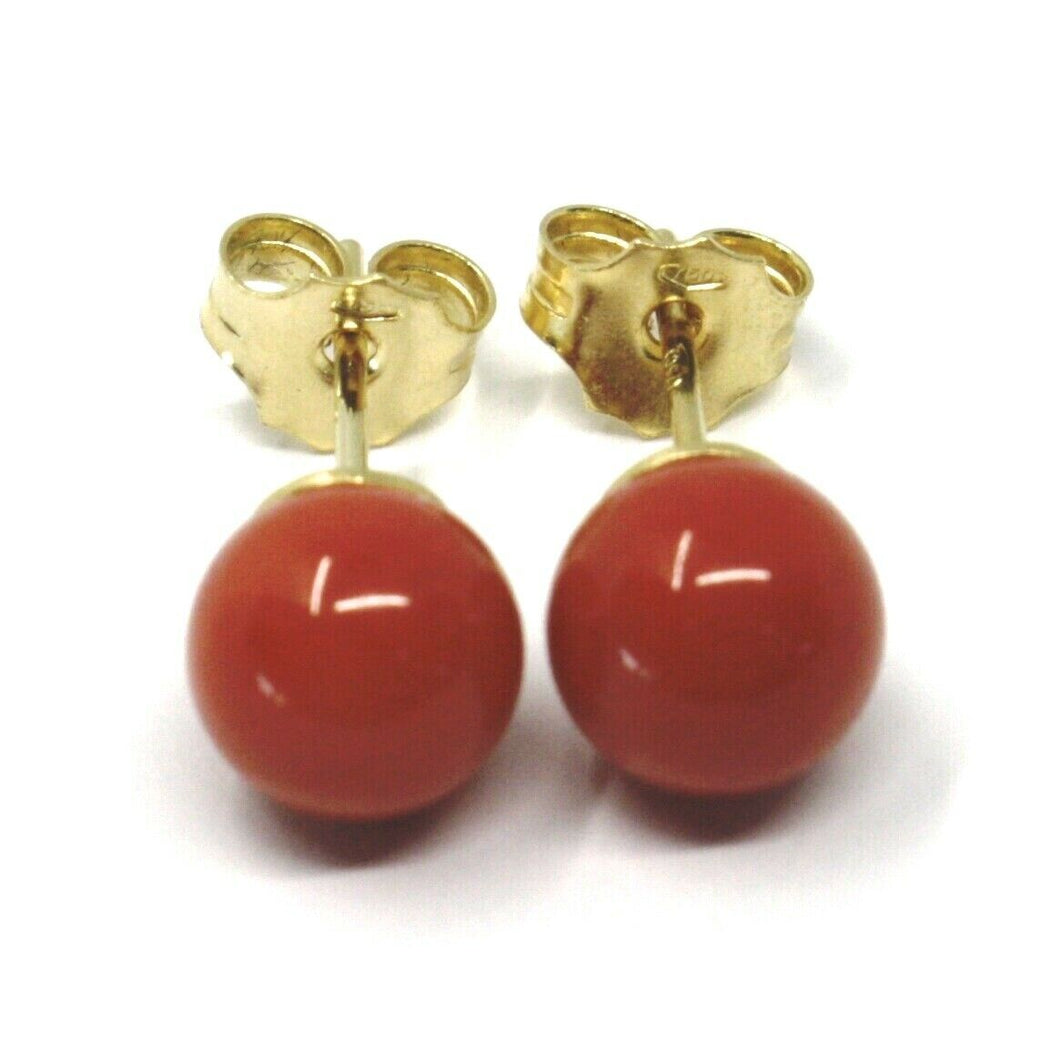 18k yellow gold balls spheres red coral button earrings, 7.5 mm, 0.3 inches