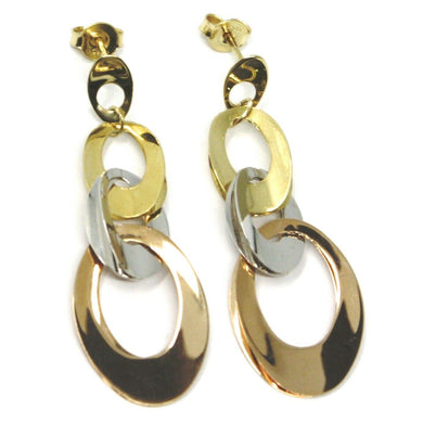 18K YELLOW WHITE ROSE GOLD PENDANT EARRINGS ALTERNATE DROPS & OVALS 4.3cm, 1.7