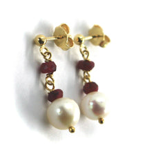 Load image into Gallery viewer, 18k yellow gold pendant earrings faceted red ruby, white pearls, 2.5cm, 1&quot;.
