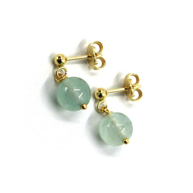 18k yellow gold pendant earrings with 8mm round green aquamarine sphere.