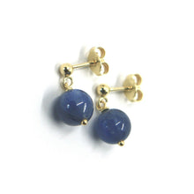 Load image into Gallery viewer, 18k yellow gold pendant earrings with 8mm round blue kyanite sphere.
